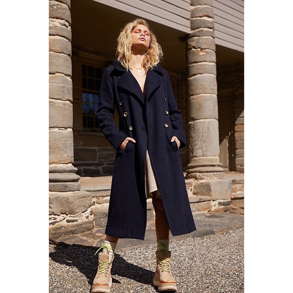 Free People Double Breasted Woven Ribbed Overcoat Longline Coat NWT Navy Blue - Picture 7 of 8